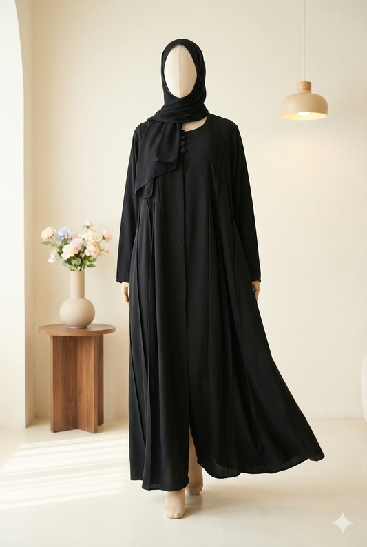 🖤 Classic Black Buttoned Abaya in Premium Nida Fabric