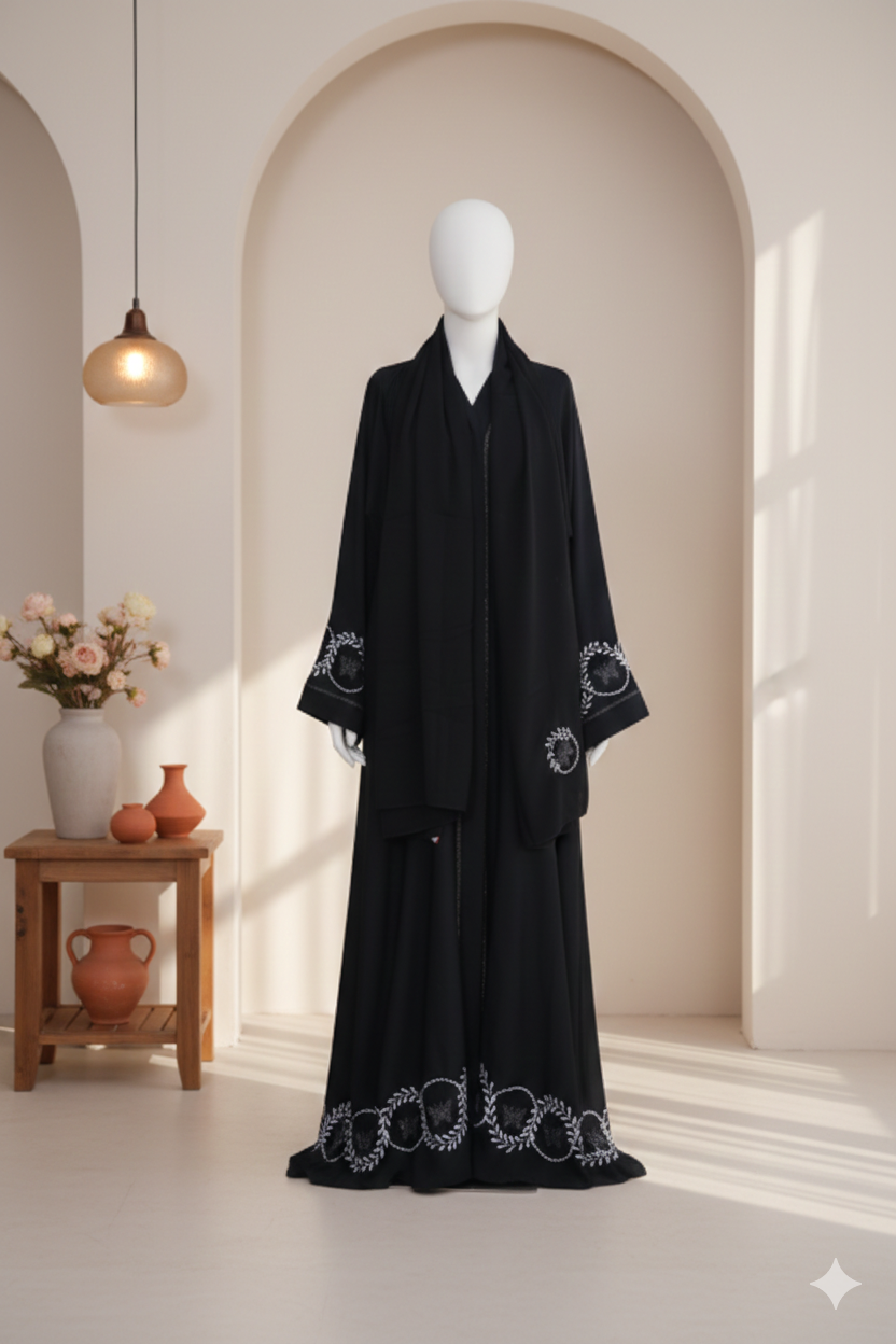 Embroidered Front Open Nida Abaya with Crystal Work & Matching Dupatta