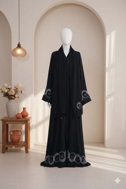 Embroidered Front Open Nida Abaya with Crystal Work & Matching Dupatta