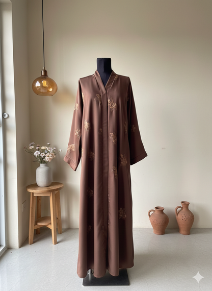 🌸 Bareez – All-Over Embroidered Mauve Abaya in Soft Nida Fabric