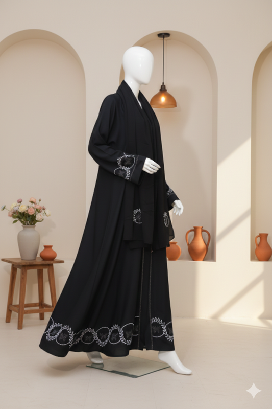 Embroidered Front Open Nida Abaya with Crystal Work & Matching Dupatta