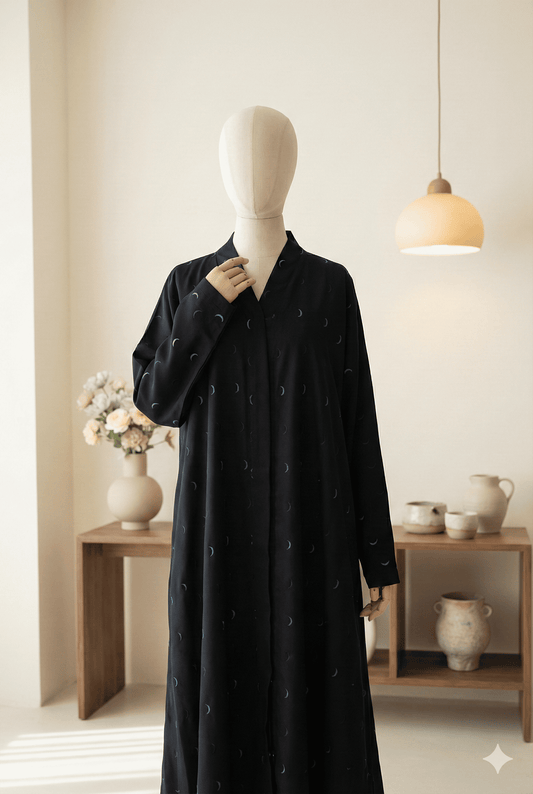 🌙 Moonlit Charm – Satin Black Abaya with Teal Embroidery