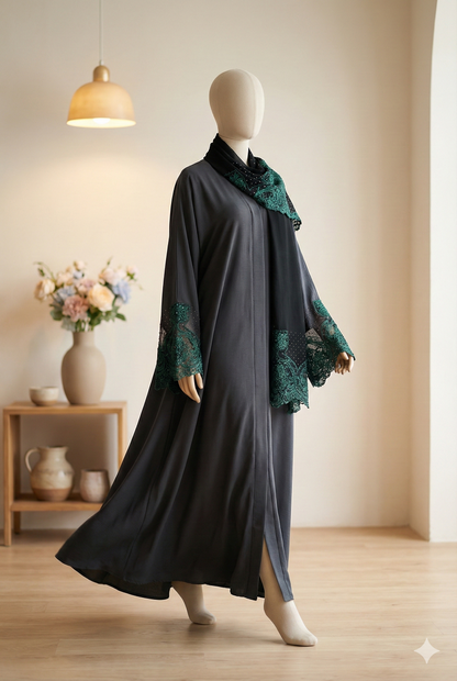 💚 PEACOCK Green Zoom Fabric Abaya with Crystal &amp; Embroidered Scarf