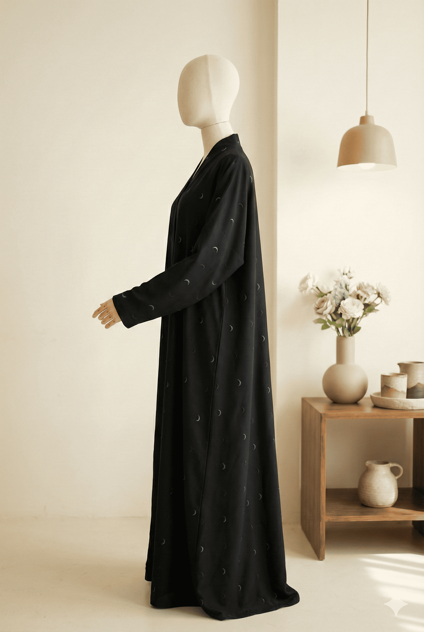 🌙 Moonlit Charm – Satin Black Abaya with Teal Embroidery