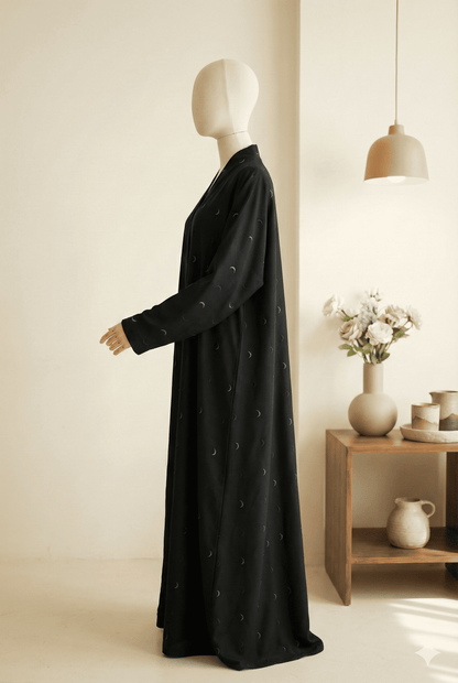 🌙 Moonlit Charm – Satin Black Abaya with Teal Embroidery