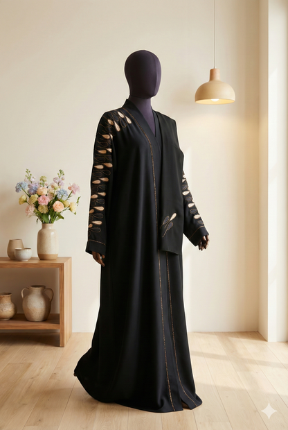 ✨ The Golden Charm – All-Black Embroidered Abaya with Matching Scarf.