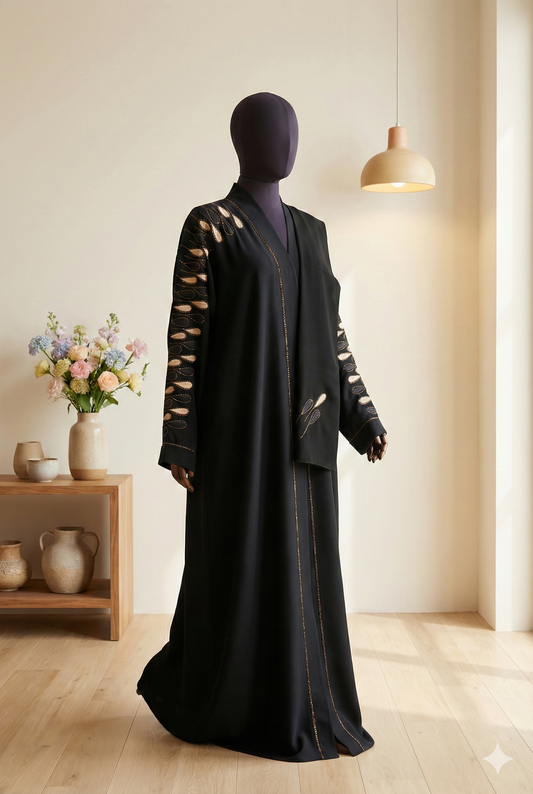 ✨ The Golden Charm – All-Black Embroidered Abaya with Matching Scarf.