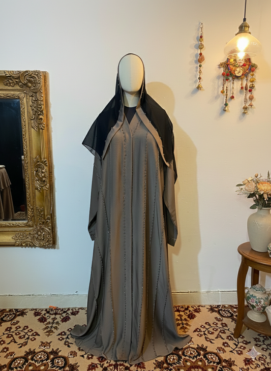 Crystal Embellished Zoom Fabric Abaya with Matching Scarf