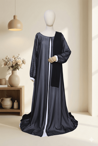 🖤 Elegant Sheer Black &amp; White Abaya with Crystal Detailing