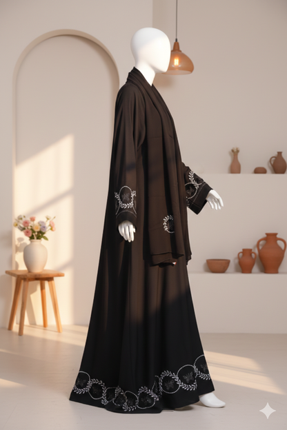 Embroidered Front Open Nida Abaya with Crystal Work & Matching Dupatta