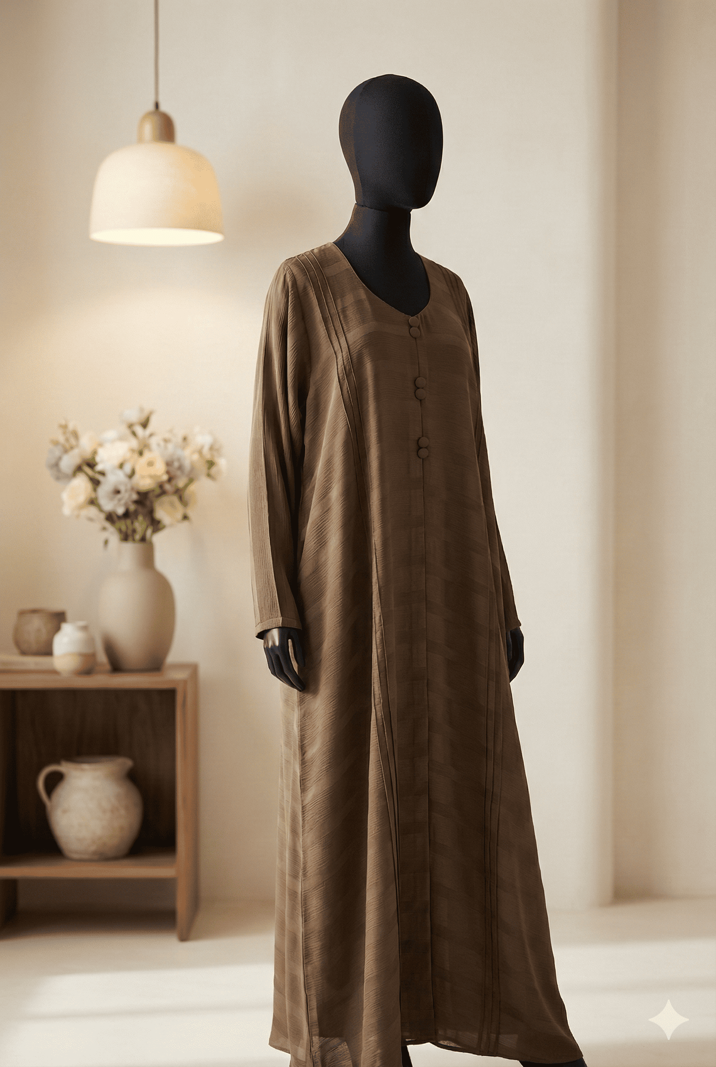 🤎 Brown Front-Pleated Abaya with Box Pleat Design