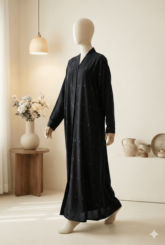 🌙 Moonlit Charm – Satin Black Abaya with Teal Embroidery