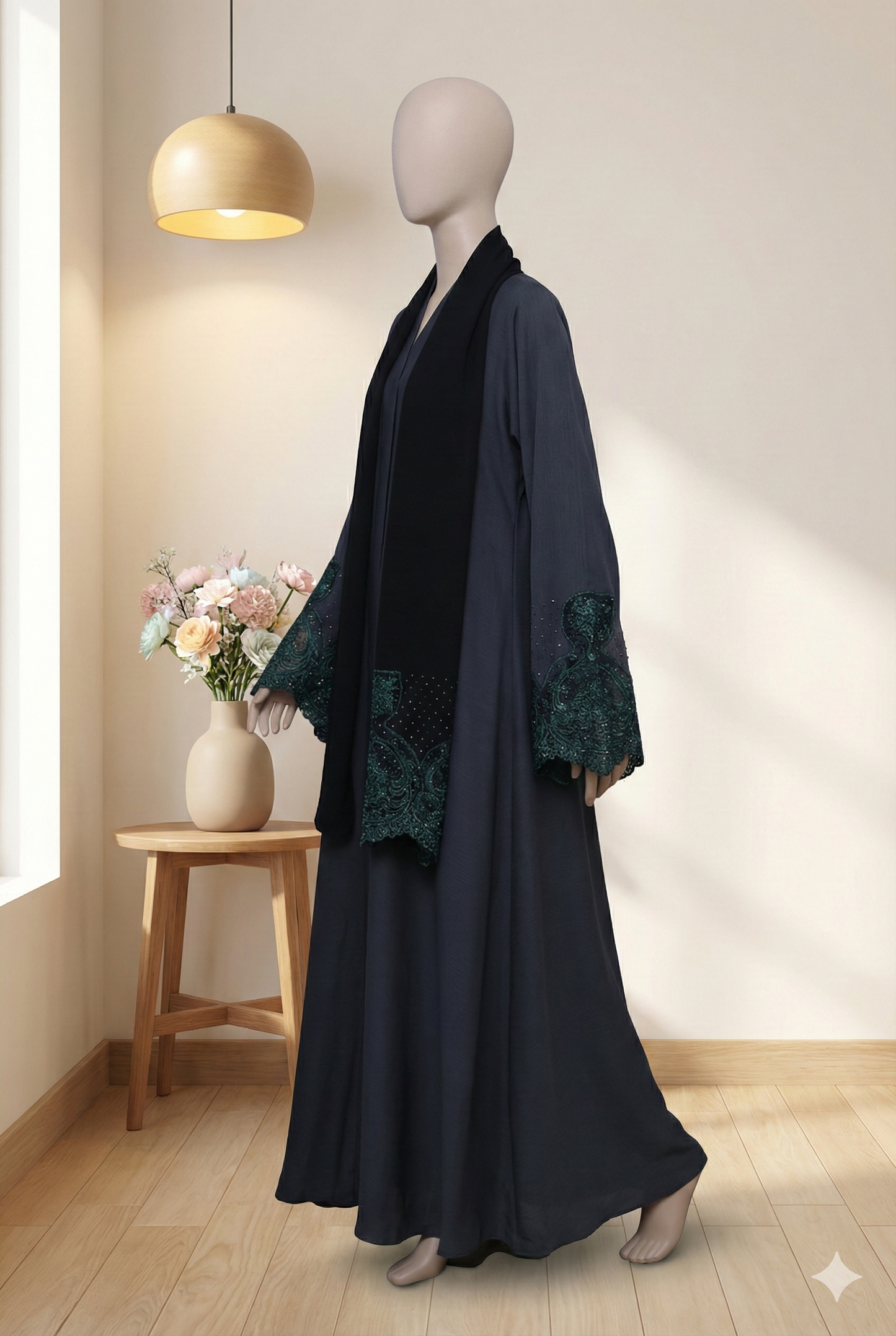 💚 PEACOCK Green Zoom Fabric Abaya with Crystal &amp; Embroidered Scarf