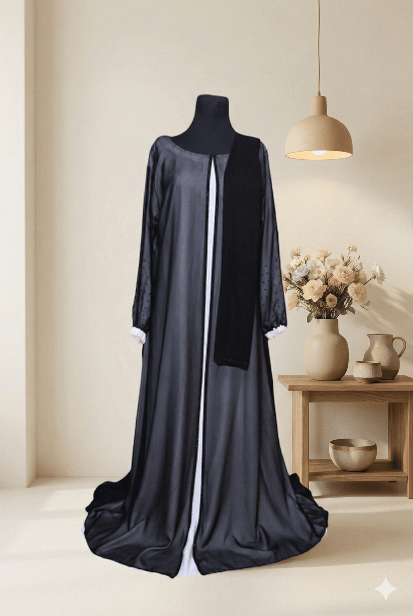 🖤 Elegant Sheer Black &amp; White Abaya with Crystal Detailing