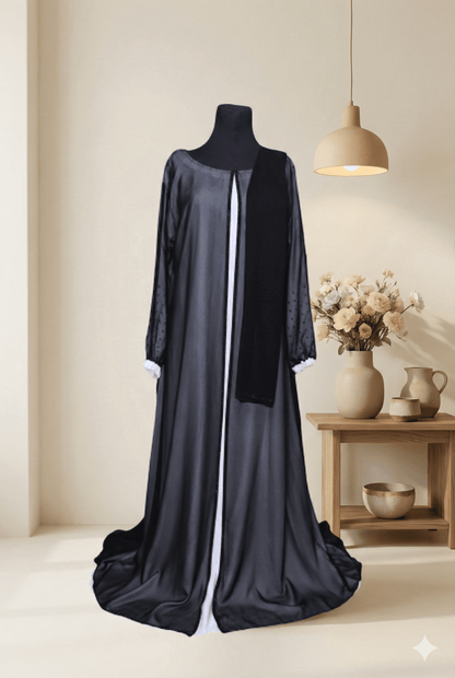 🖤 Elegant Sheer Black &amp; White Abaya with Crystal Detailing
