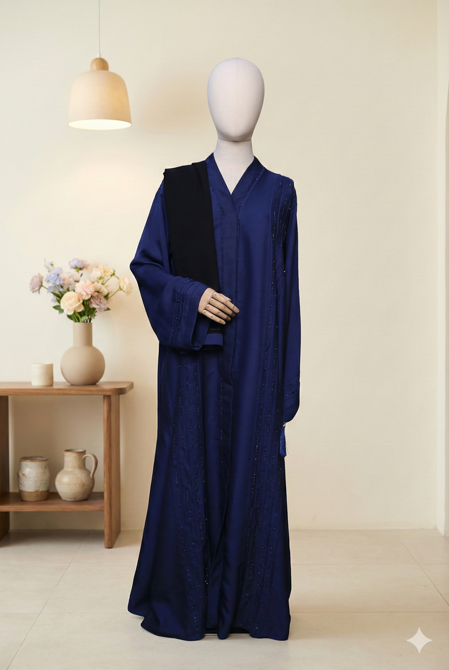 💙 Royal Sapphire – Embellished Blue Abaya with Black Scarf
