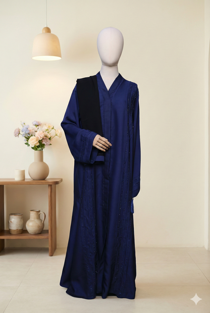 💙 Royal Sapphire – Embellished Blue Abaya with Black Scarf