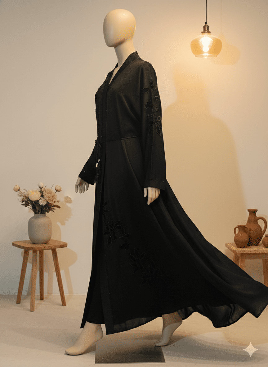 Black Hand-Embellished Zoom Fabric Abaya with Velvet Applique Work