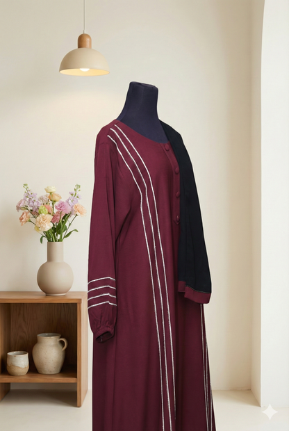 🍷 Sophisticated Maroon Abaya with Crystal Scarf &amp; Button Detailing