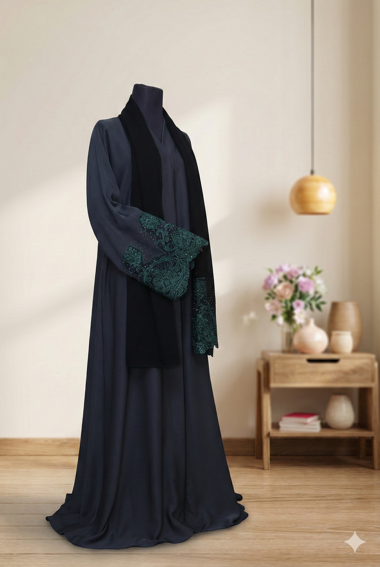💚 PEACOCK Green Zoom Fabric Abaya with Crystal &amp; Embroidered Scarf