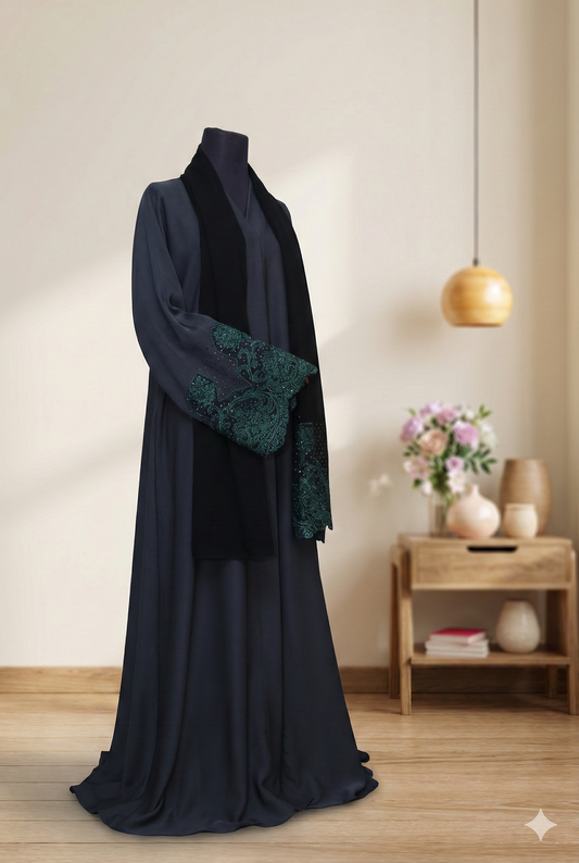 💚 PEACOCK Green Zoom Fabric Abaya with Crystal &amp; Embroidered Scarf