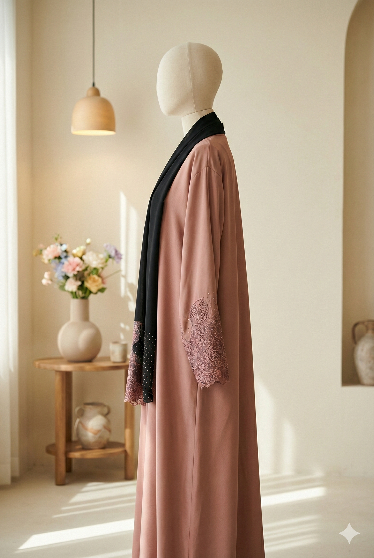 🤍 NAQEES – Royal Beige Premium-Wear Abaya with Embellished Dupatta