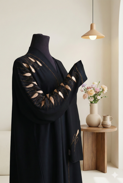 ✨ The Golden Charm – All-Black Embroidered Abaya with Matching Scarf.