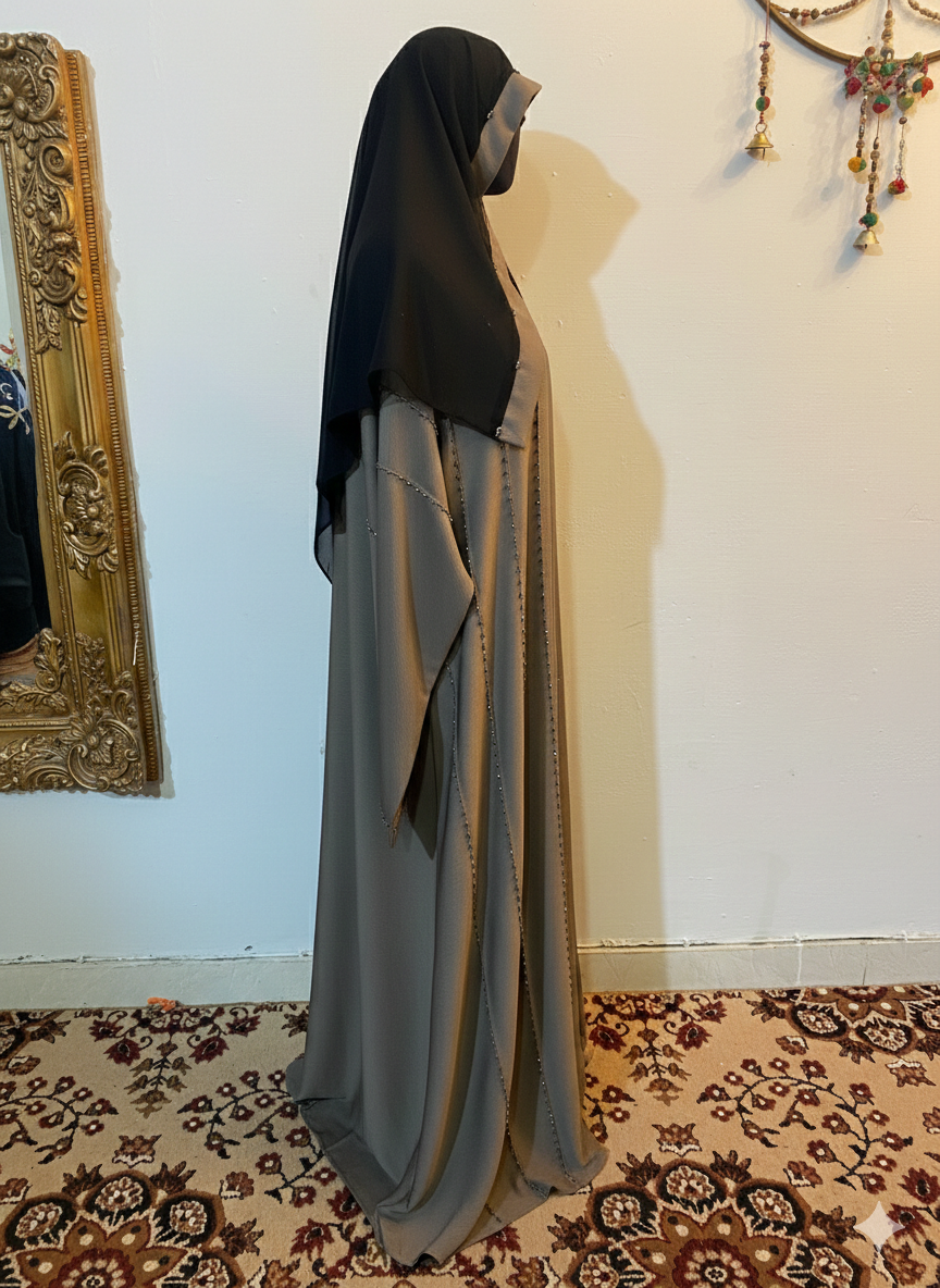 Crystal Embellished Zoom Fabric Abaya with Matching Scarf
