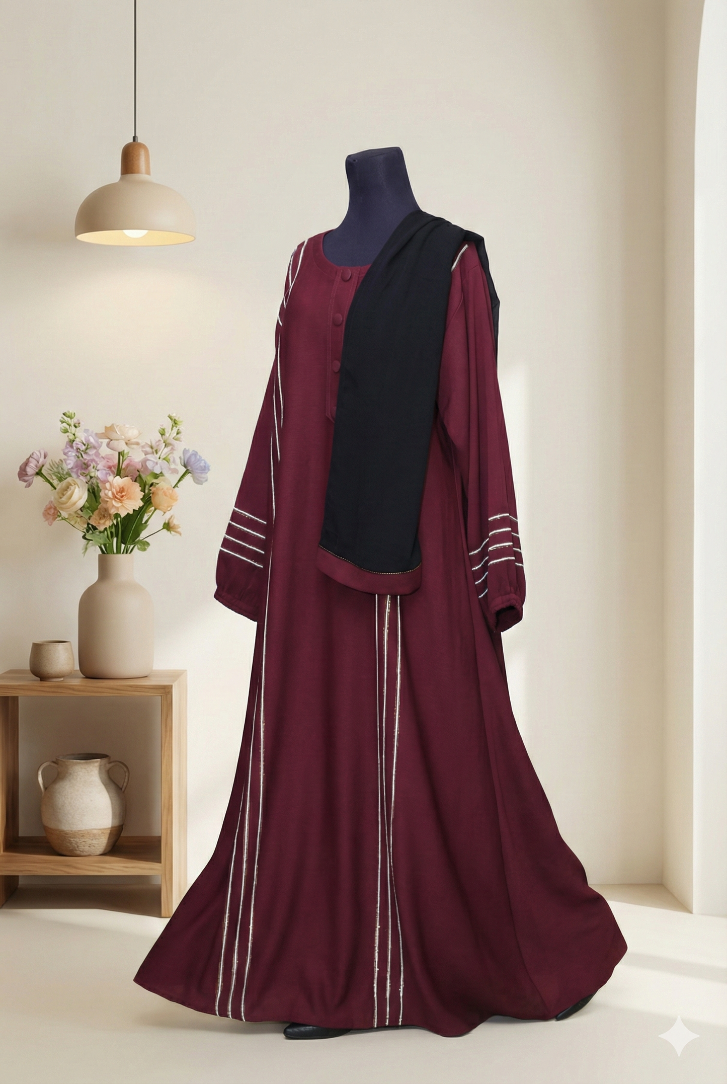 🍷 Sophisticated Maroon Abaya with Crystal Scarf &amp; Button Detailing