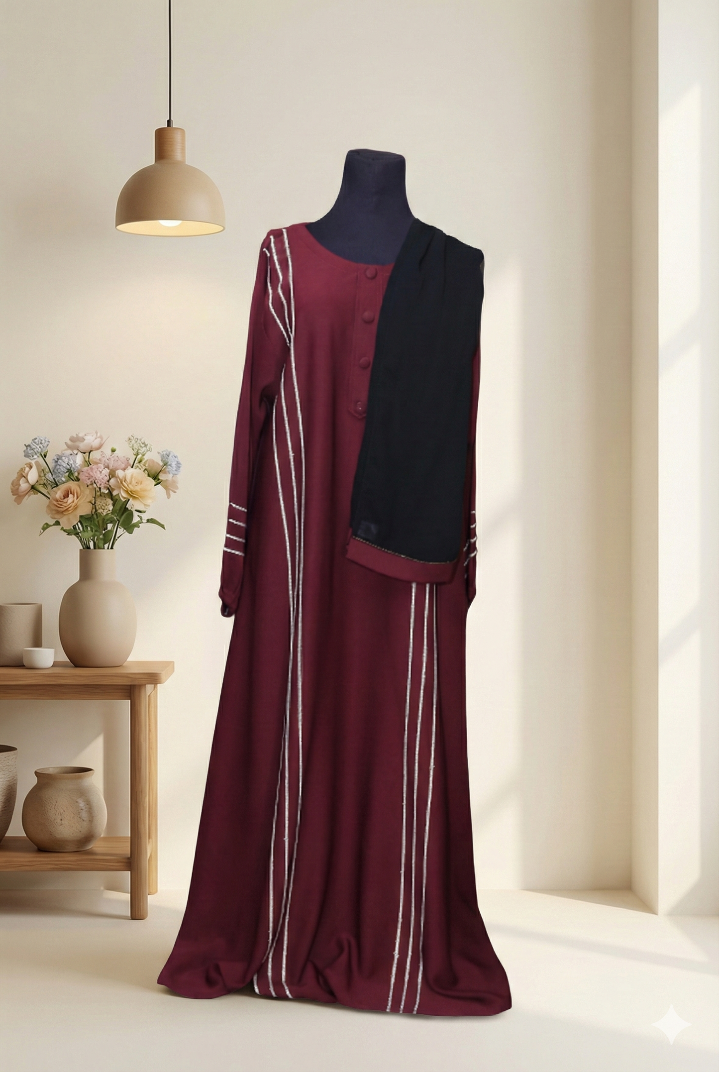 🍷 Sophisticated Maroon Abaya with Crystal Scarf &amp; Button Detailing