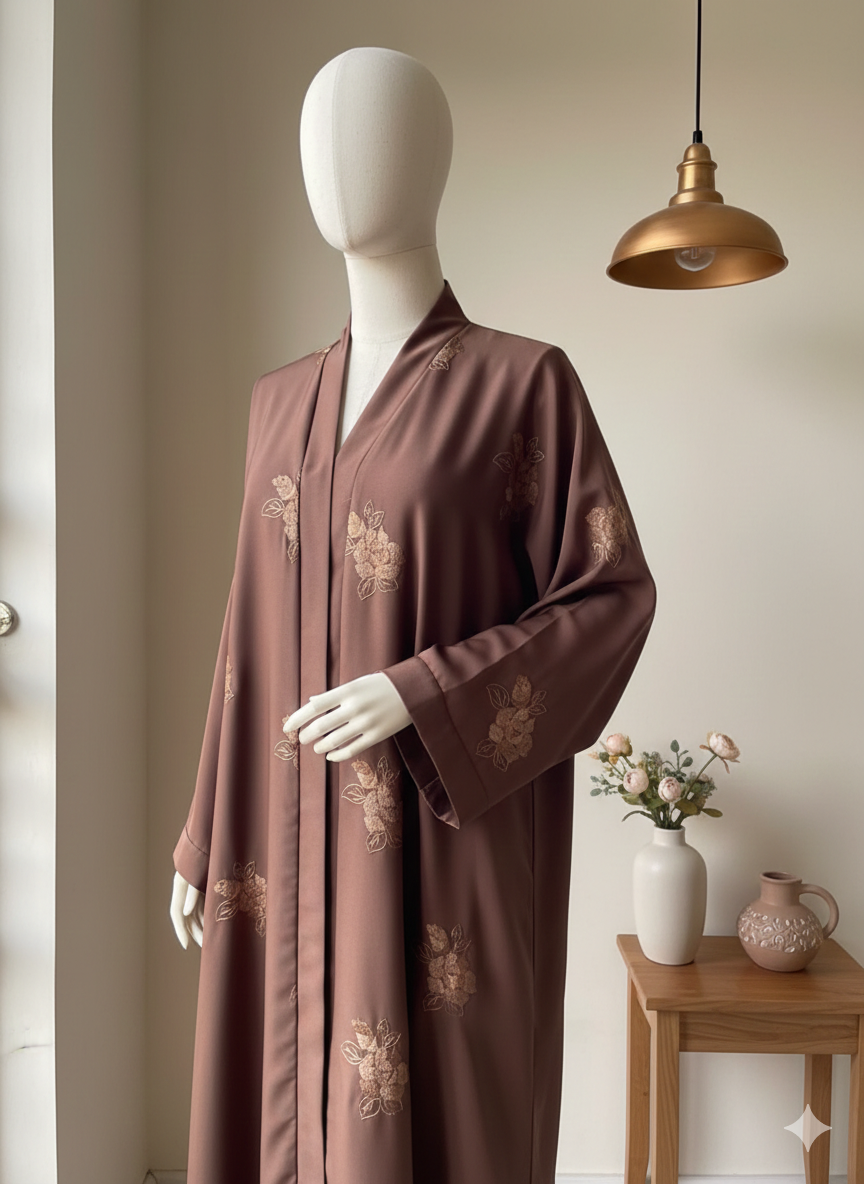🌸 Bareez – All-Over Embroidered Mauve Abaya in Soft Nida Fabric