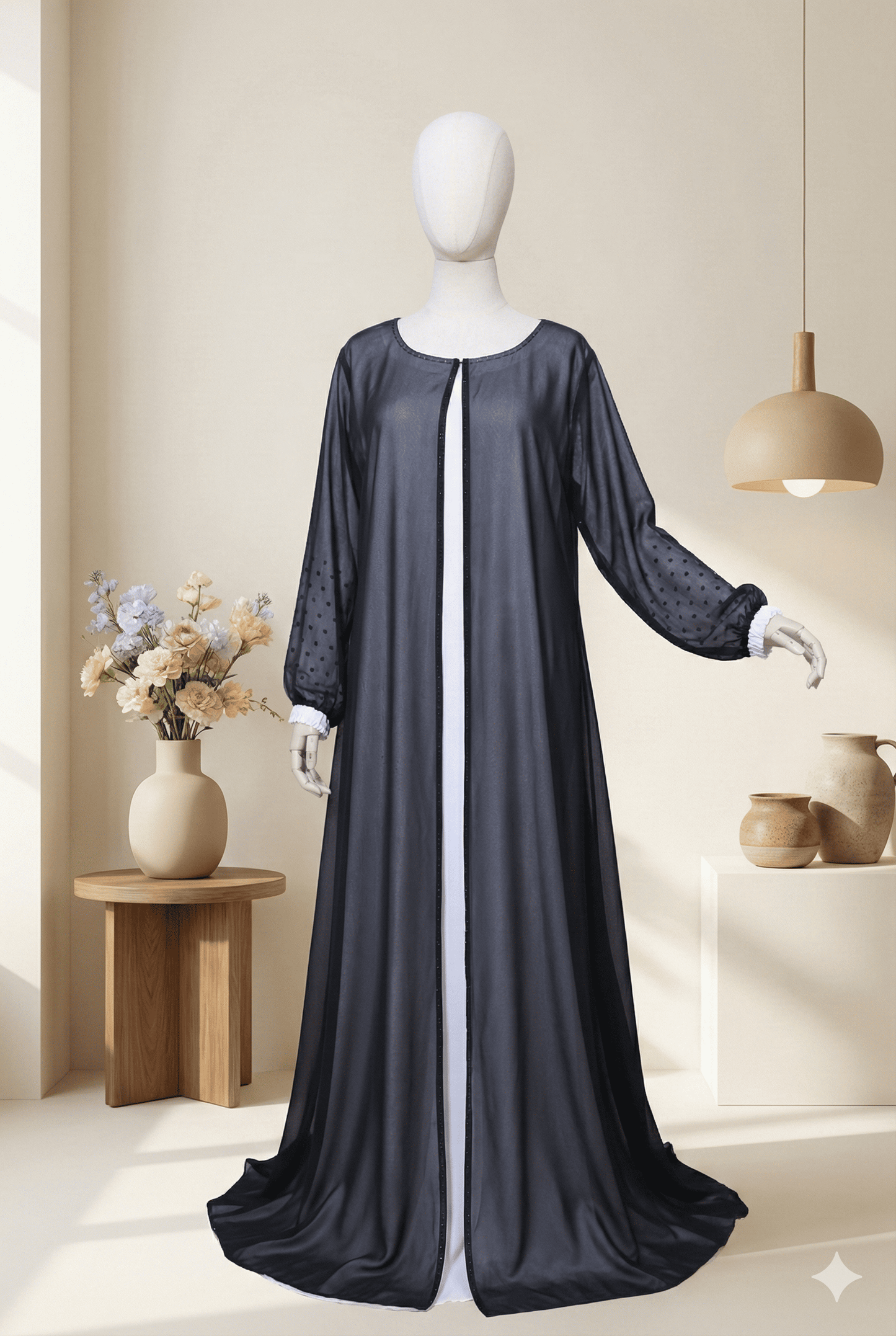 🖤 Elegant Sheer Black &amp; White Abaya with Crystal Detailing