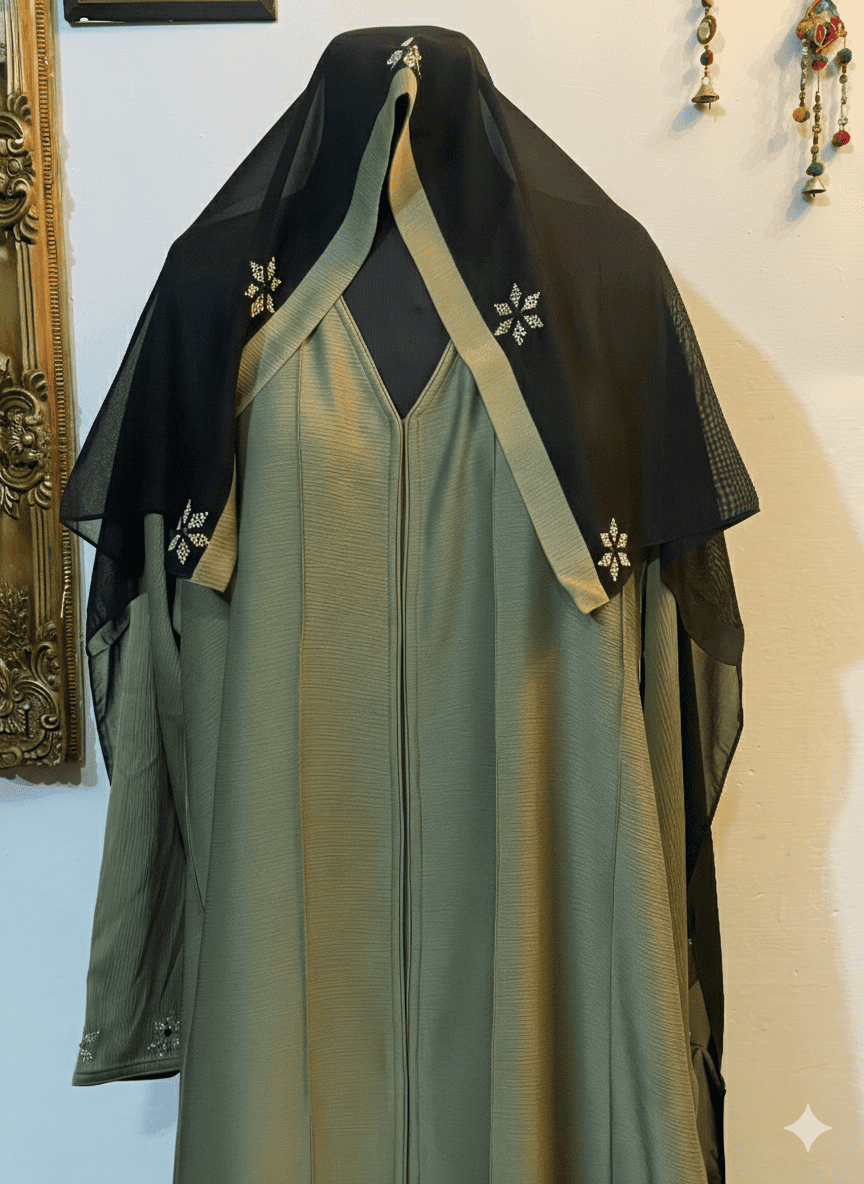 Front Pleated Zoom Fabric Abaya with Stone Work & Matching Scarf – Size 58