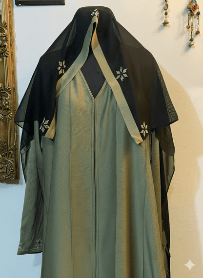 Front Pleated Zoom Fabric Abaya with Stone Work & Matching Scarf – Size 58