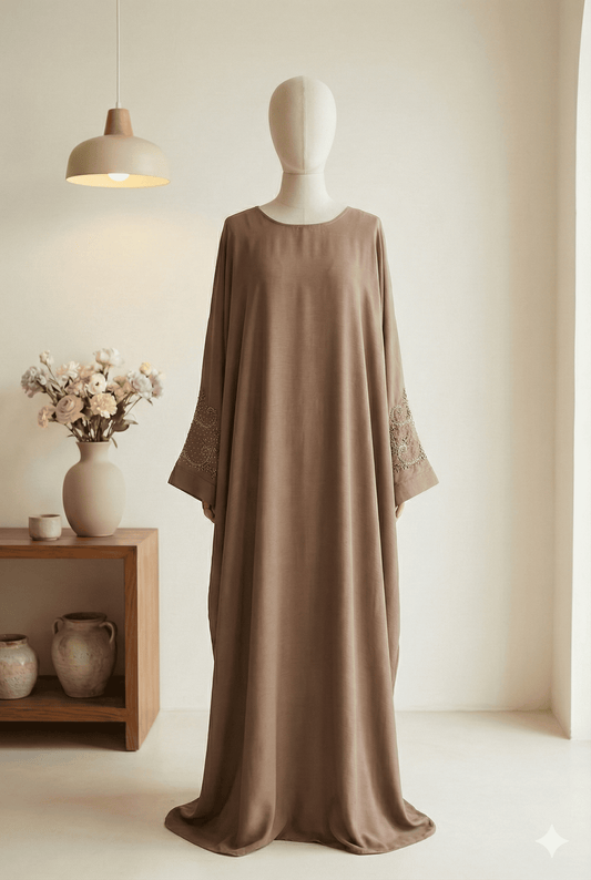 Elegant Brown Embroidered Abaya for Women – Modest Full Length Abaya