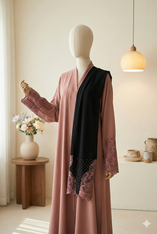 🤍 NAQEES – Royal Beige Premium-Wear Abaya with Embellished Dupatta