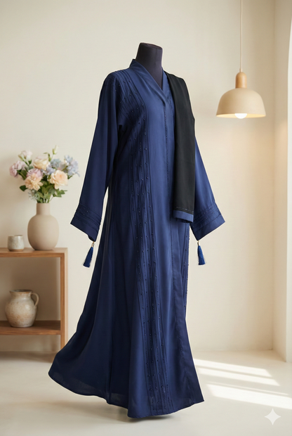 💙 Royal Sapphire – Embellished Blue Abaya with Black Scarf