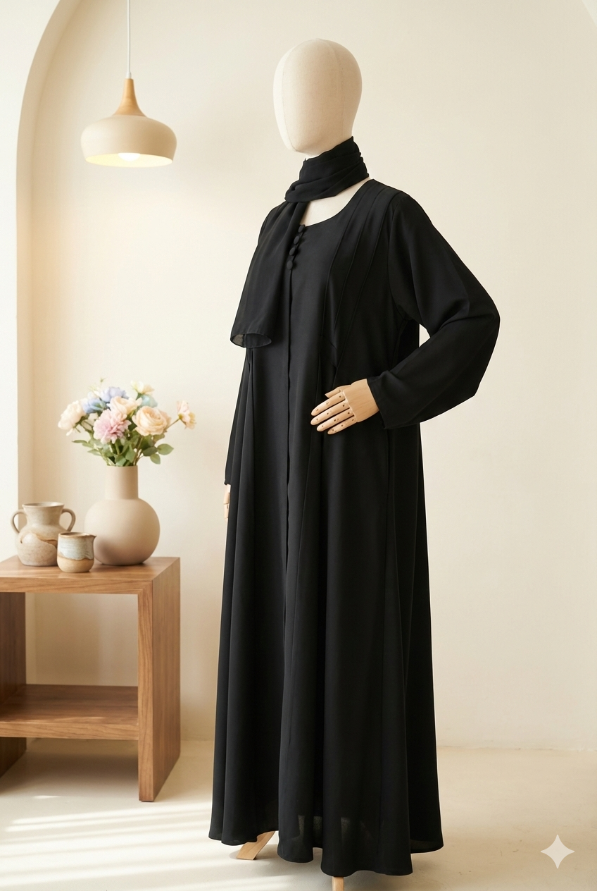 🖤 Classic Black Buttoned Abaya in Premium Nida Fabric