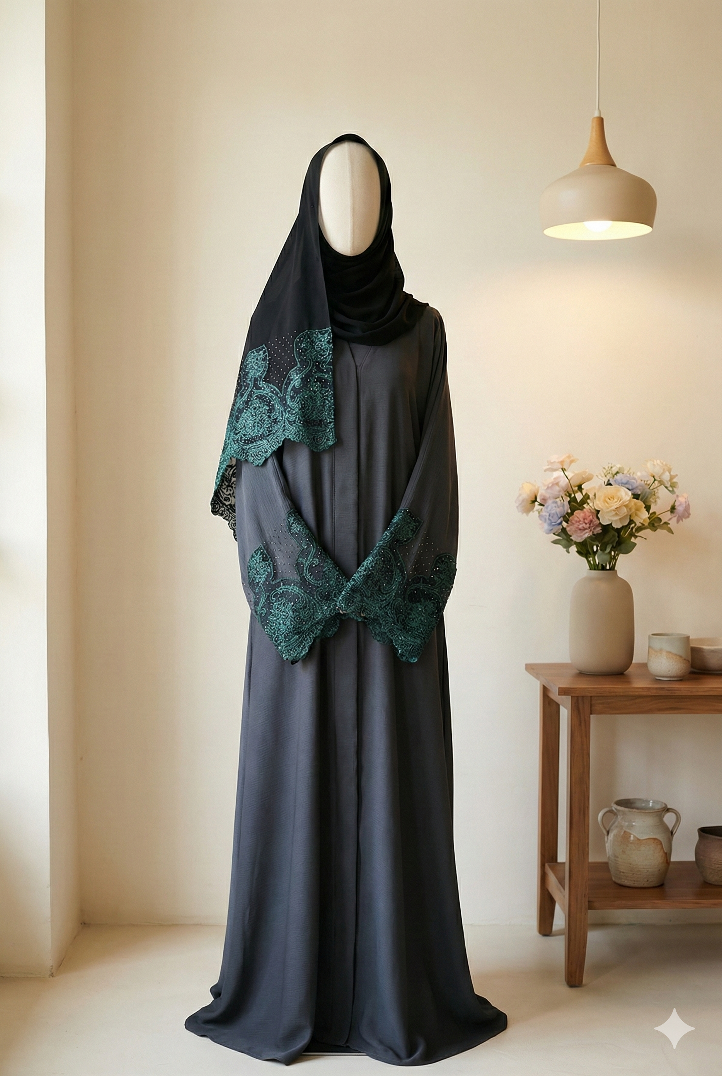 💚 PEACOCK Green Zoom Fabric Abaya with Crystal &amp; Embroidered Scarf