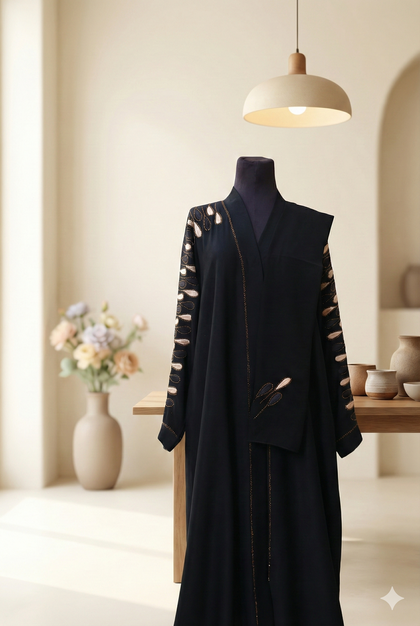 ✨ The Golden Charm – All-Black Embroidered Abaya with Matching Scarf.