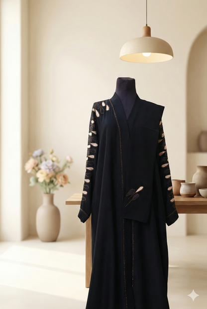 ✨ The Golden Charm – All-Black Embroidered Abaya with Matching Scarf.