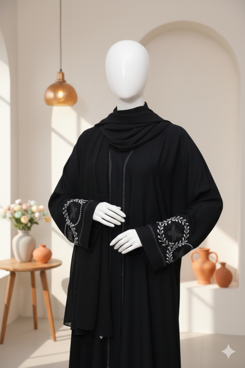 Embroidered Front Open Nida Abaya with Crystal Work & Matching Dupatta
