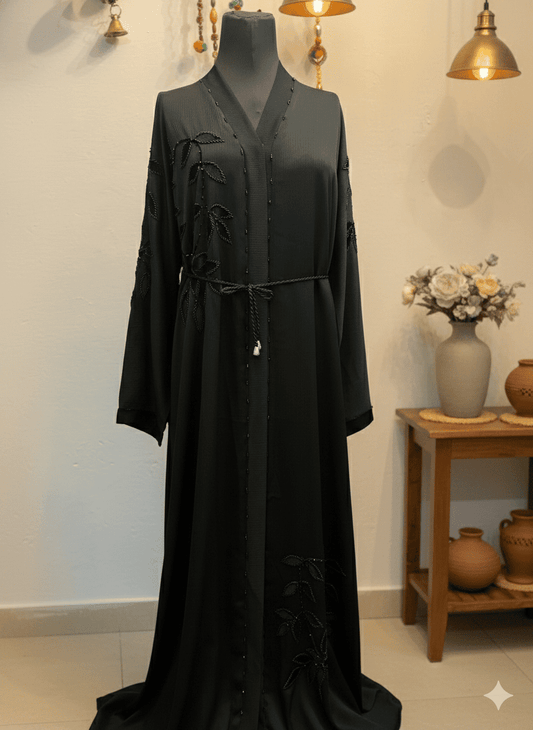 Black Hand-Embellished Zoom Fabric Abaya with Velvet Applique Work