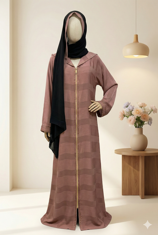🌸 Blush Mauve Abaya with Front Zipper & Crystal-Detail Scarf