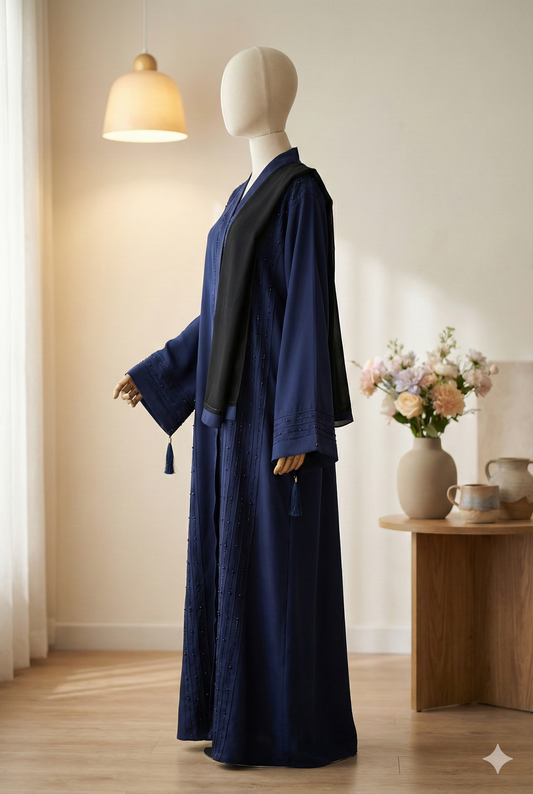 💙 Royal Sapphire – Embellished Blue Abaya with Black Scarf