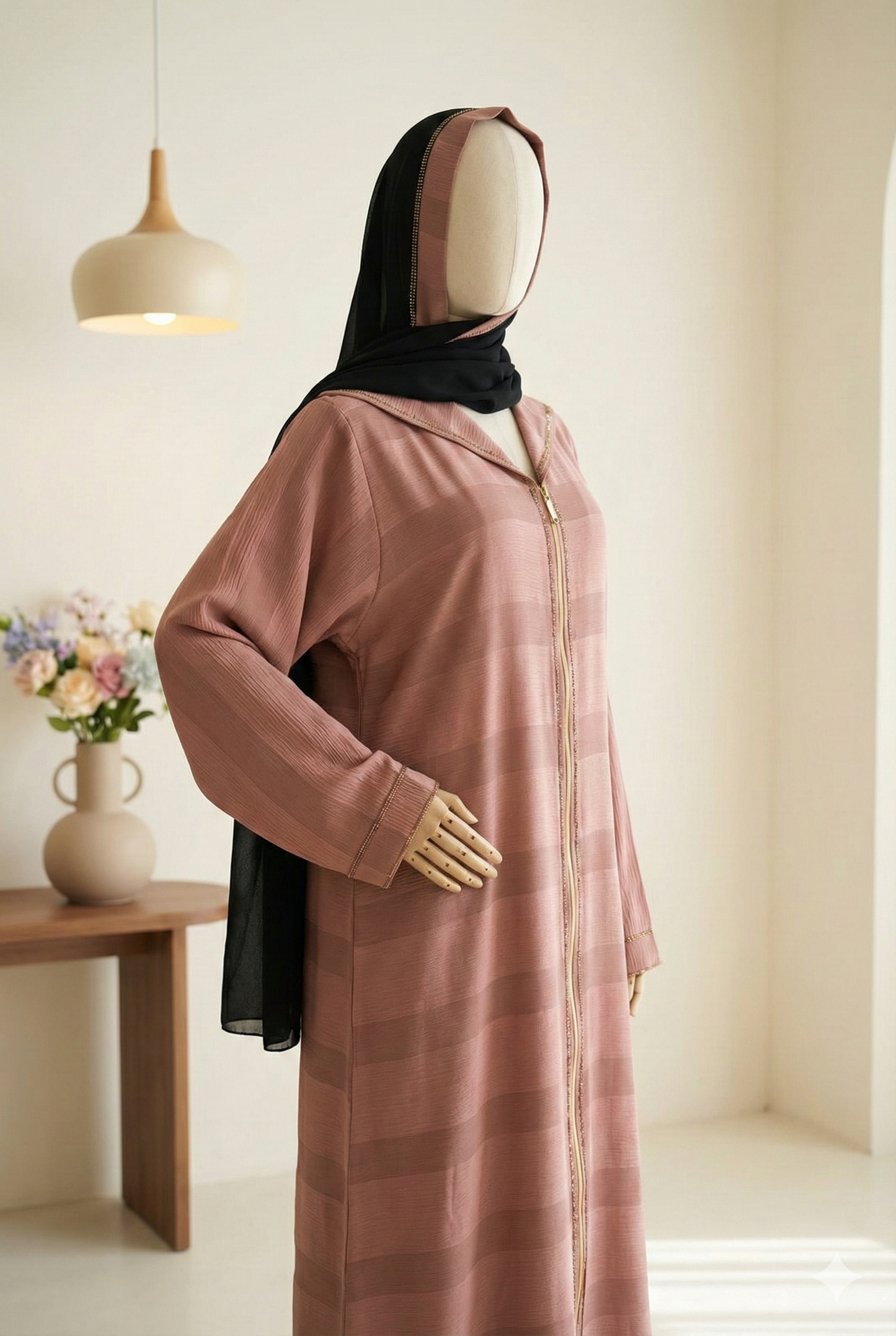🌸 Blush Mauve Abaya with Front Zipper & Crystal-Detail Scarf