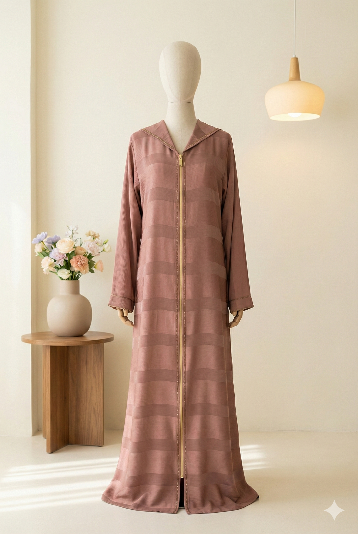 🌸 Blush Mauve Abaya with Front Zipper & Crystal-Detail Scarf