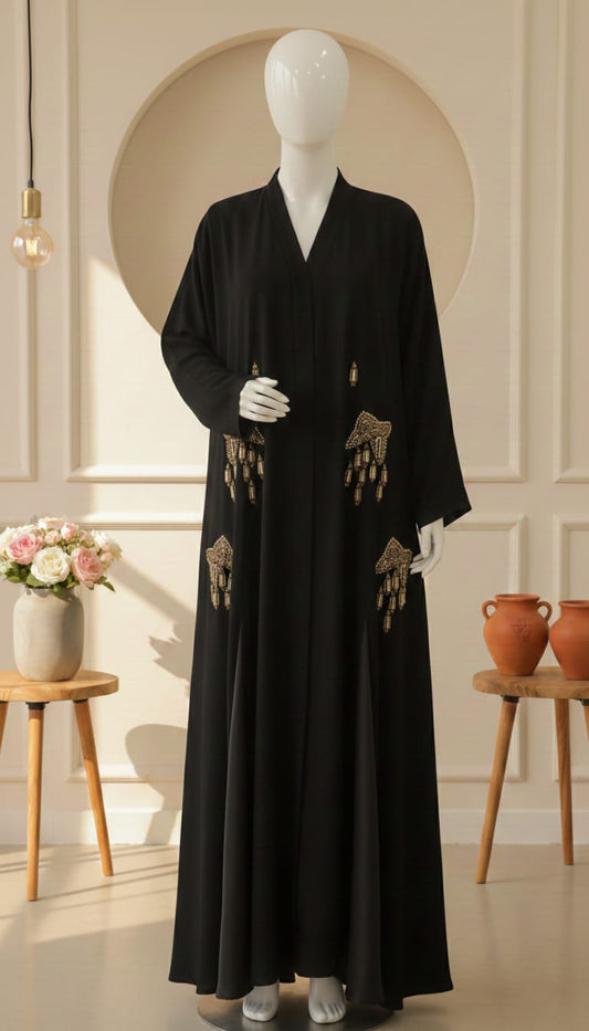Glowry Premium Nida Fabric Abaya – Hand Embellished Front Open Formal Wear