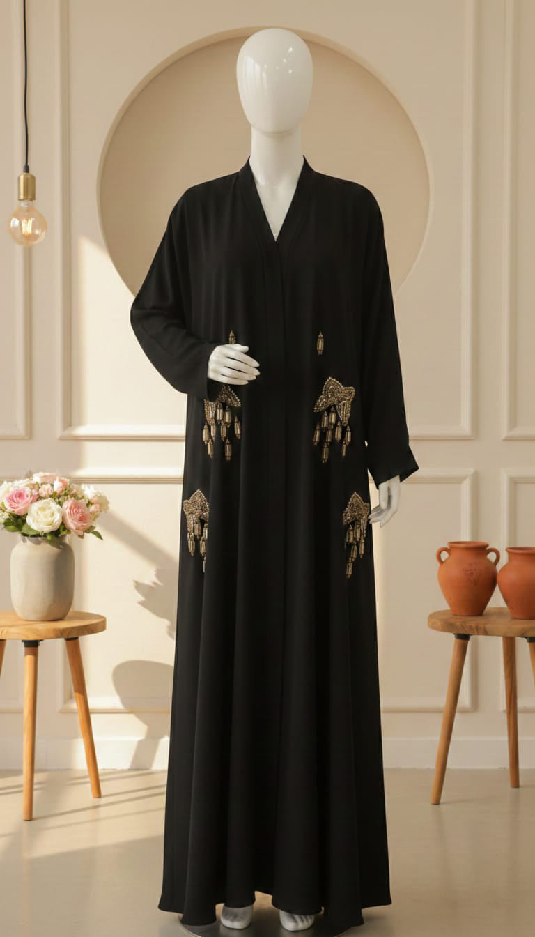 Glowry Premium Nida Fabric Abaya – Hand Embellished Front Open Formal Wear