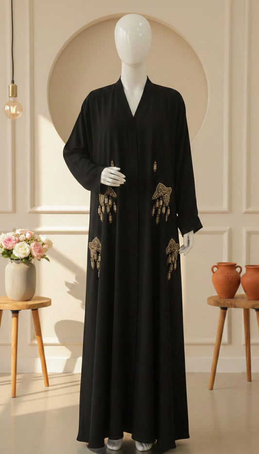 Glowry Premium Nida Fabric Abaya – Hand Embellished Front Open Formal Wear